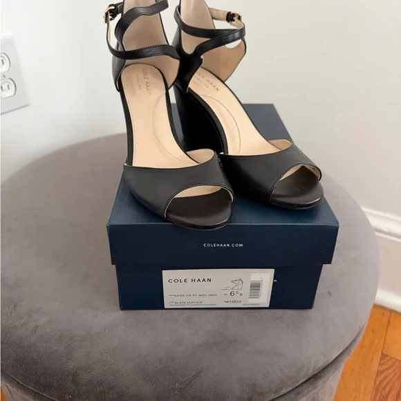 Cole Haan Black Leather Open-Toe Ankle-Strap Heels - Picture 1 of 5